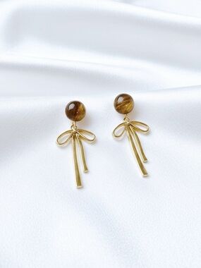 Gold Bow Drop Earrings with Brown Bead